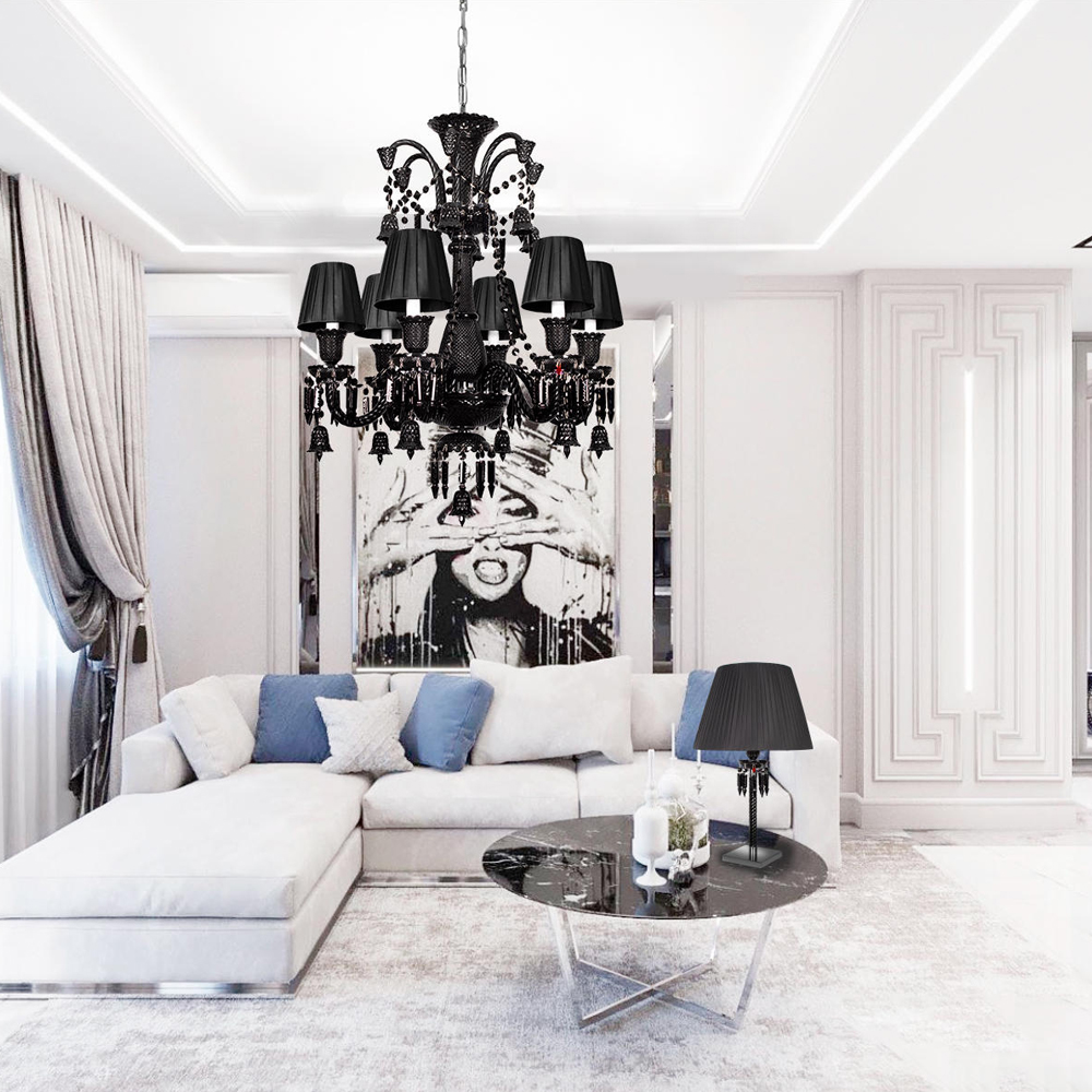 Люстра подвесная с плиссированными абажурами и множеством подвесок черного цвета Диаметр 62 см Lustre Reverie