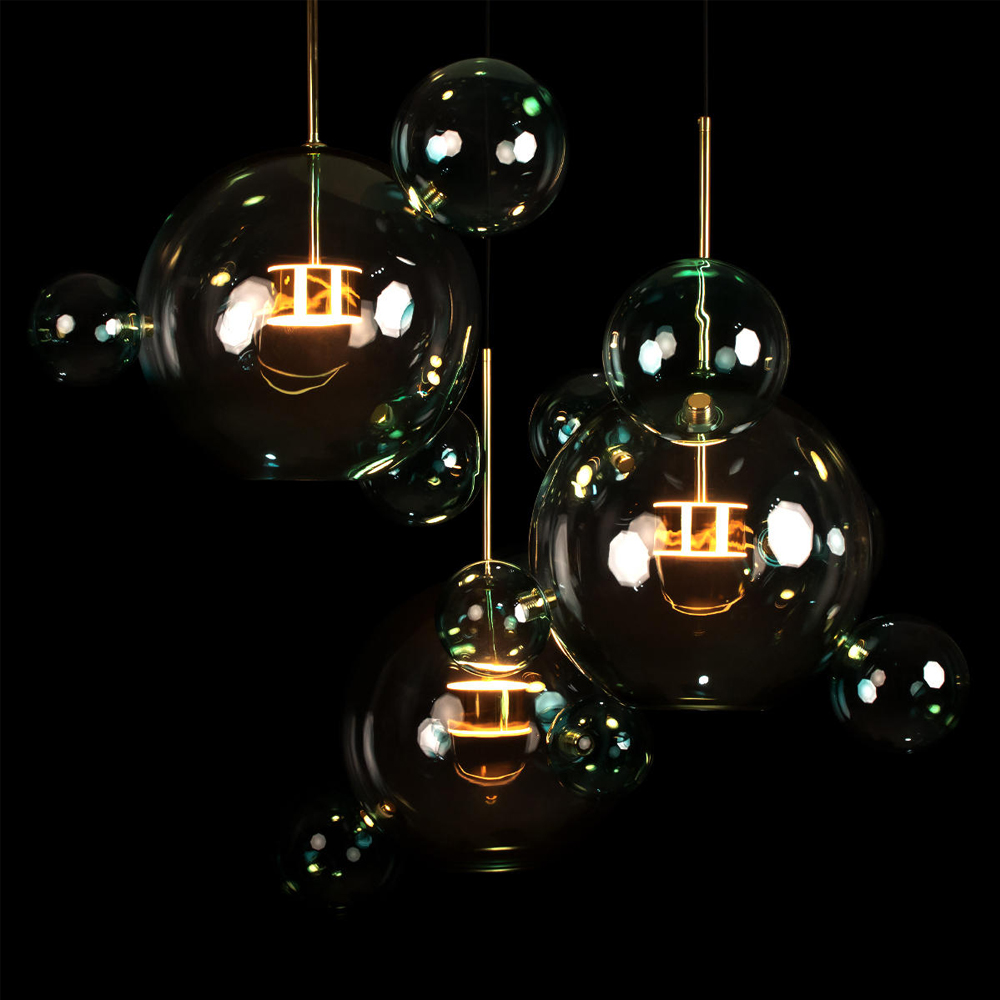 Люстра подвесная с прозрачными бирюзовыми стеклянными шарами и круглым основанием 3 лампы Giopato & Coombes