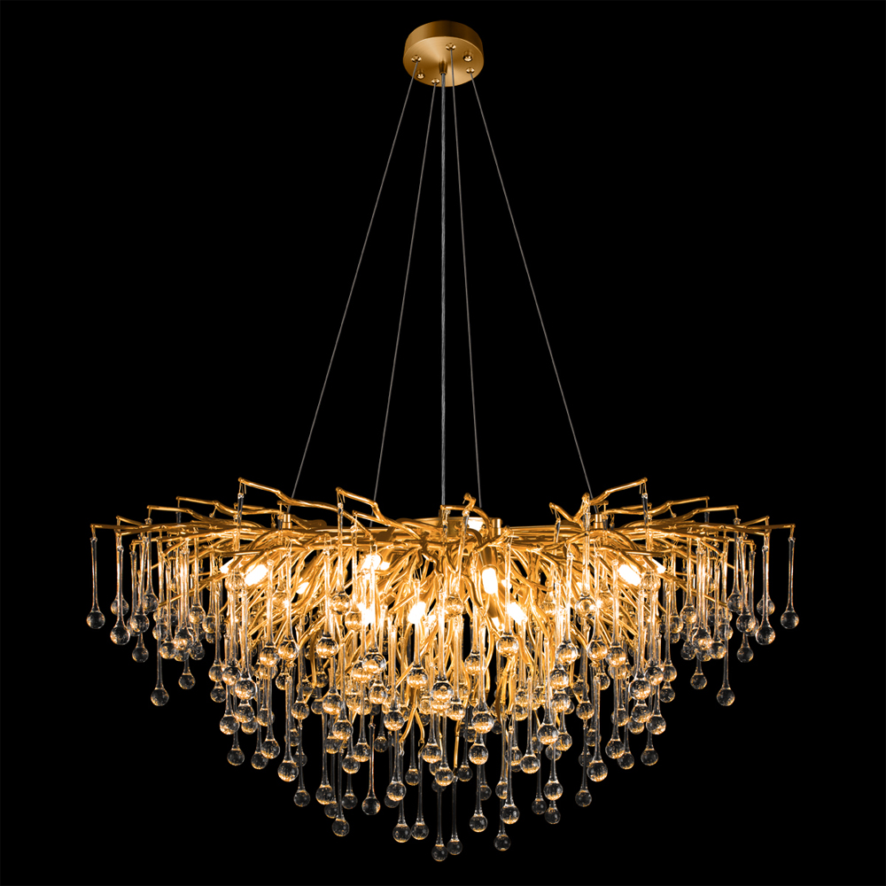 Люстра подвесная с прозрачными стеклянными подвесками в форме капель Диаметр 100 см Droplet Chandelier