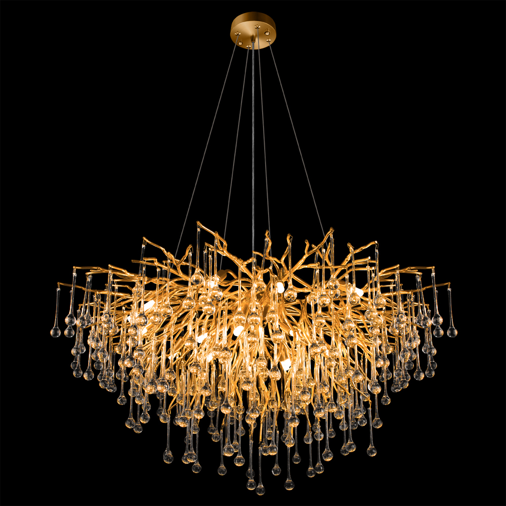 Люстра подвесная с прозрачными стеклянными подвесками в форме капель Диаметр 100 см Droplet Chandelier