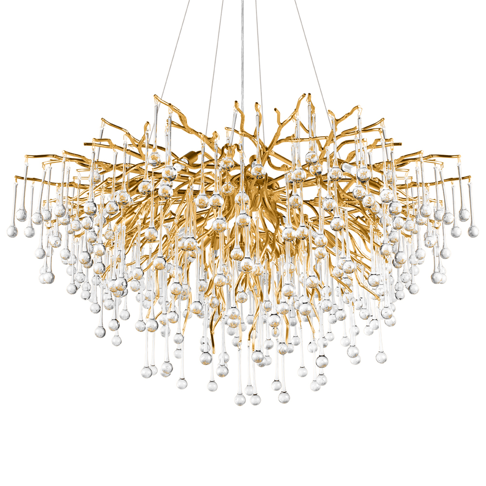 Люстра подвесная с прозрачными стеклянными подвесками в форме капель Диаметр 100 см Droplet Chandelier