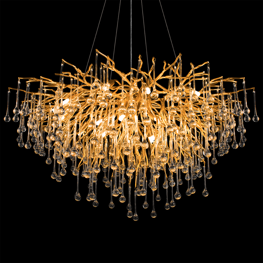 Люстра подвесная с прозрачными стеклянными подвесками в форме капель Диаметр 100 см Droplet Chandelier