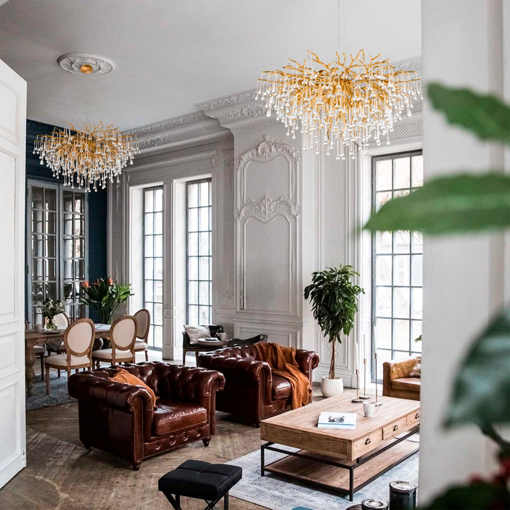 Люстра подвесная с прозрачными стеклянными подвесками в форме капель Диаметр 100 см Droplet Chandelier