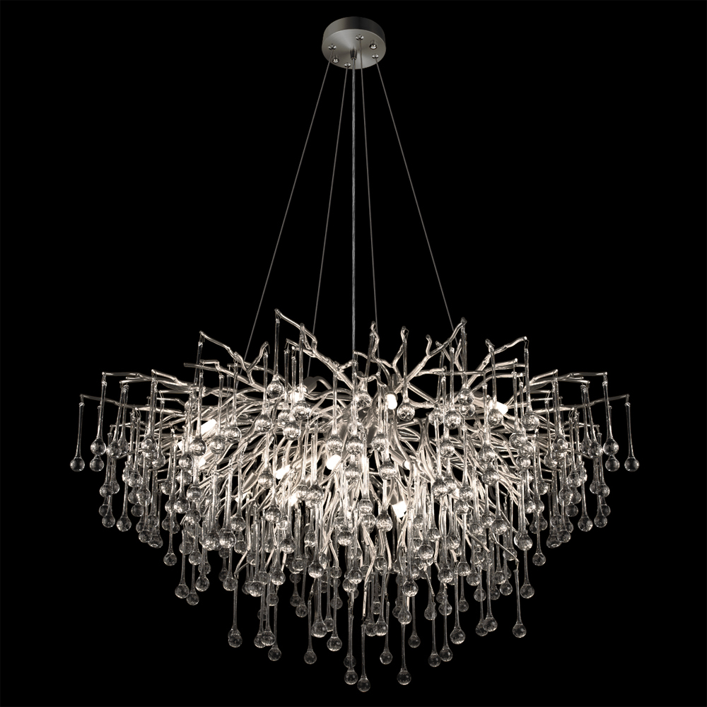 Люстра подвесная с прозрачными стеклянными подвесками в форме капель Диаметр 100 см Droplet Chandelier