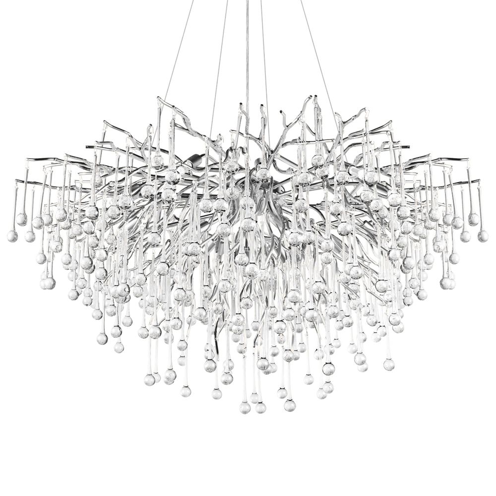 Люстра подвесная с прозрачными стеклянными подвесками в форме капель Диаметр 100 см Droplet Chandelier
