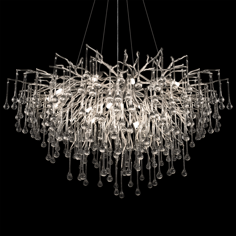 Люстра подвесная с прозрачными стеклянными подвесками в форме капель Диаметр 100 см Droplet Chandelier