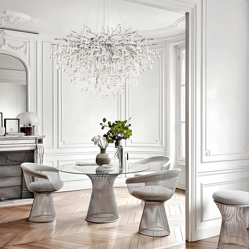 Люстра подвесная с прозрачными стеклянными подвесками в форме капель Диаметр 100 см Droplet Chandelier