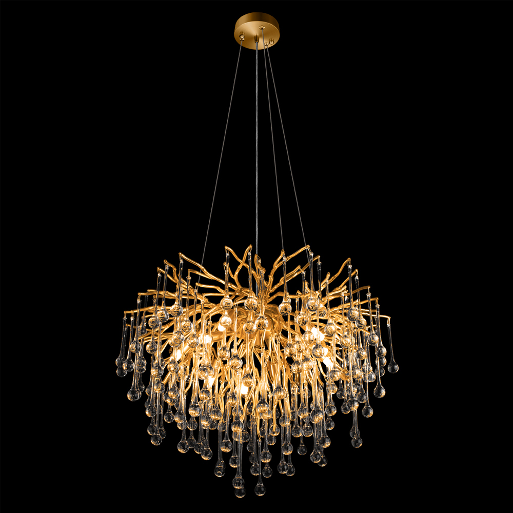 Люстра подвесная с прозрачными стеклянными подвесками в форме капель Диаметр 60 см Droplet Chandelier