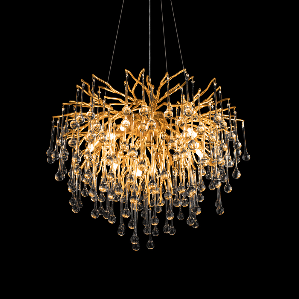 Люстра подвесная с прозрачными стеклянными подвесками в форме капель Диаметр 60 см Droplet Chandelier