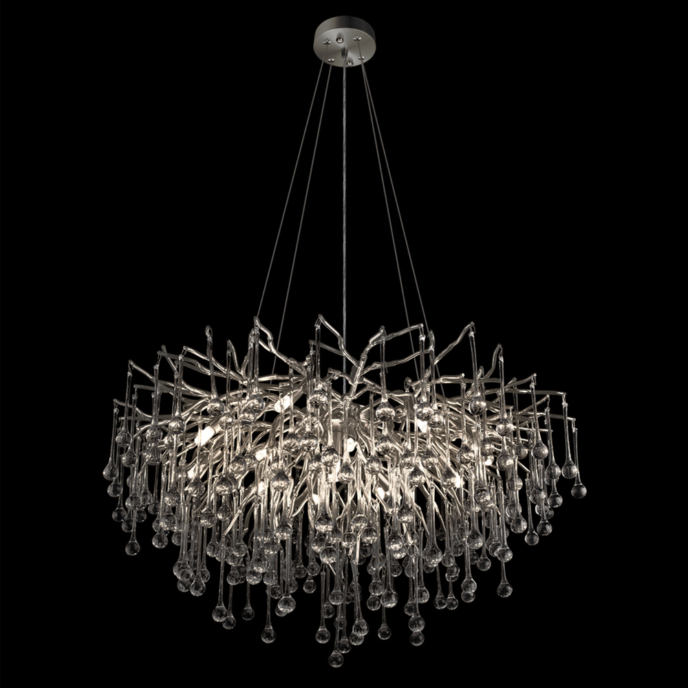 Люстра подвесная с прозрачными стеклянными подвесками в форме капель Диаметр 80 см Droplet Chandelier