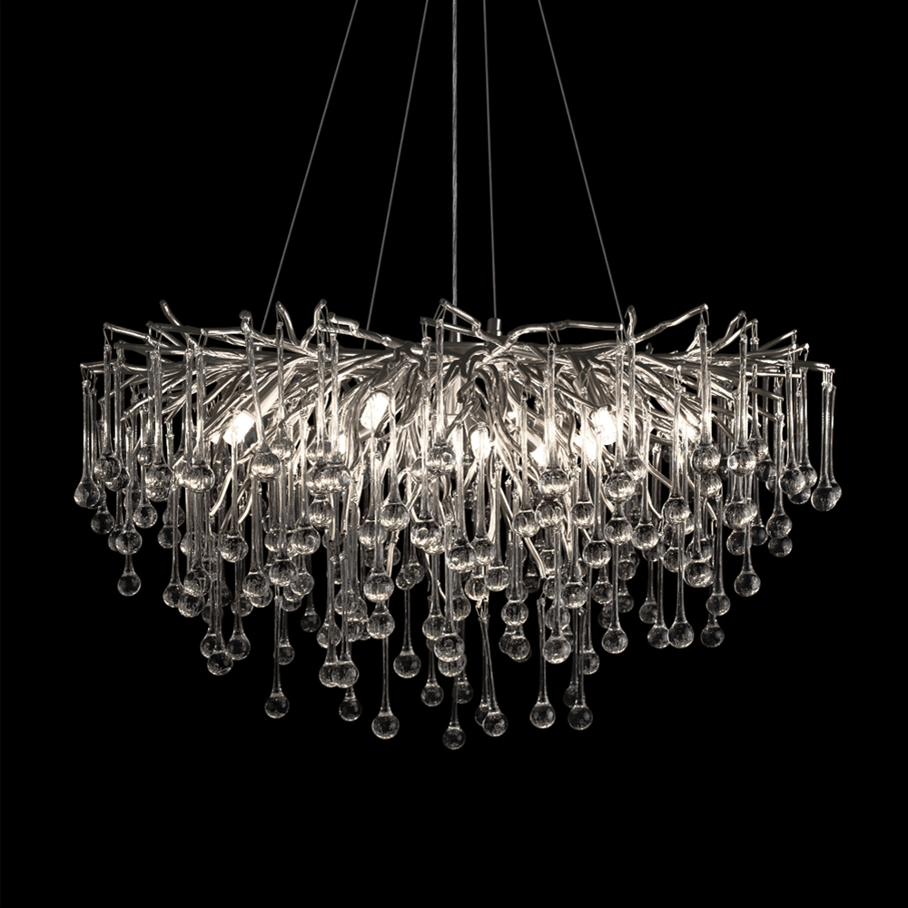 Люстра подвесная с прозрачными стеклянными подвесками в форме капель Диаметр 80 см Droplet Chandelier