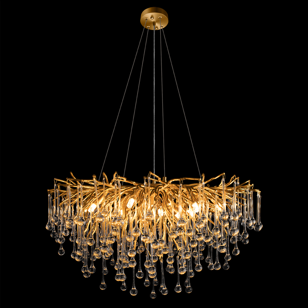 Люстра подвесная с прозрачными стеклянными подвесками в форме капель Диаметр 80 см Droplet Chandelier