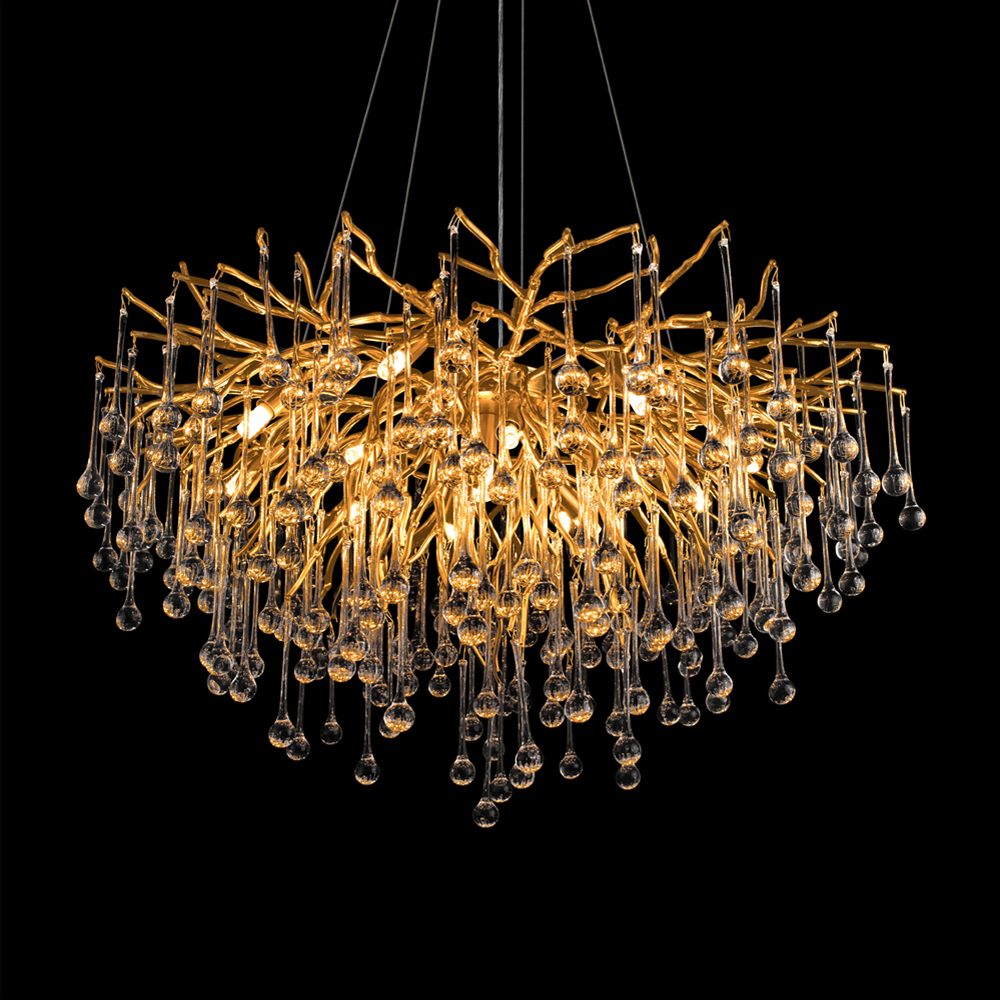 Люстра подвесная с прозрачными стеклянными подвесками в форме капель Диаметр 80 см Droplet Chandelier