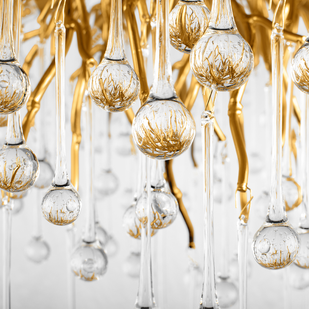 Люстра подвесная с прозрачными стеклянными подвесками в форме капель Диаметр 80 см Droplet Chandelier