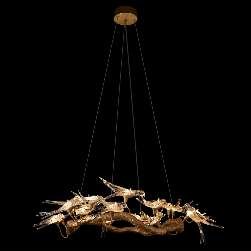 Люстра подвесная с прозрачными стеклянными птичками на ветвях Диаметр 100 см Serip Voa