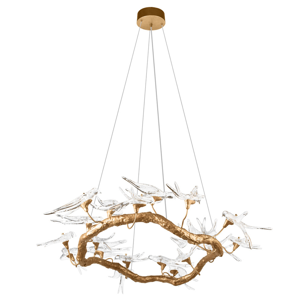 Люстра подвесная с прозрачными стеклянными птичками на ветвях Диаметр 100 см Serip Voa