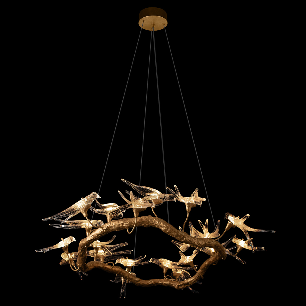 Люстра подвесная с прозрачными стеклянными птичками на ветвях Диаметр 100 см Serip Voa