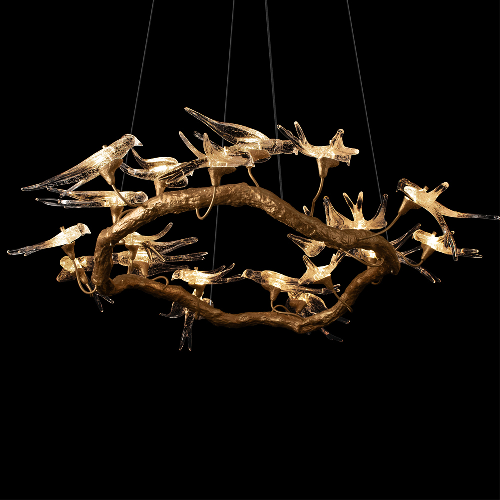 Люстра подвесная с прозрачными стеклянными птичками на ветвях Диаметр 100 см Serip Voa