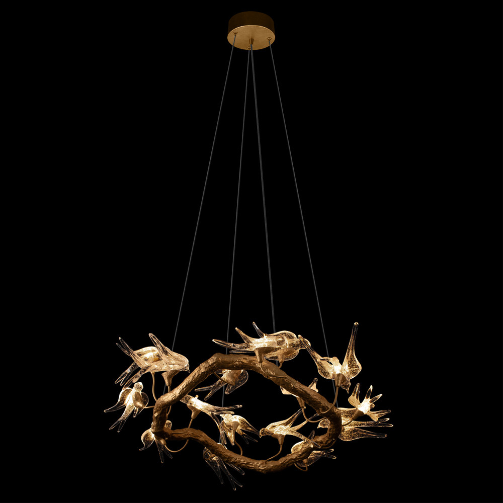 Люстра подвесная с прозрачными стеклянными птичками на ветвях Диаметр 80 см Serip Voa