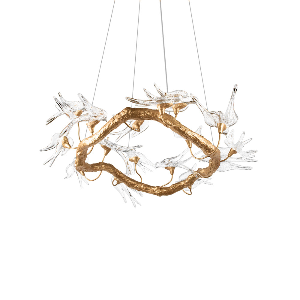 Люстра подвесная с прозрачными стеклянными птичками на ветвях Диаметр 80 см Serip Voa