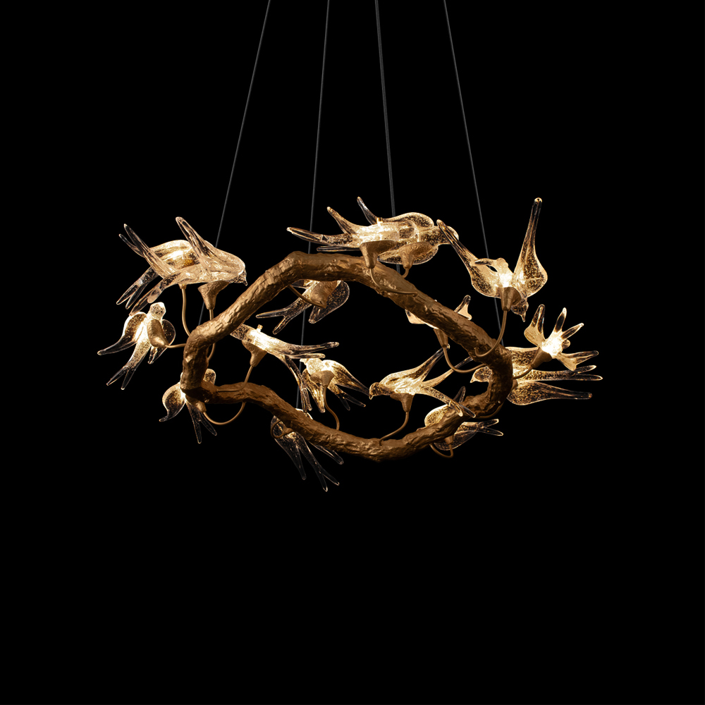 Люстра подвесная с прозрачными стеклянными птичками на ветвях Диаметр 80 см Serip Voa