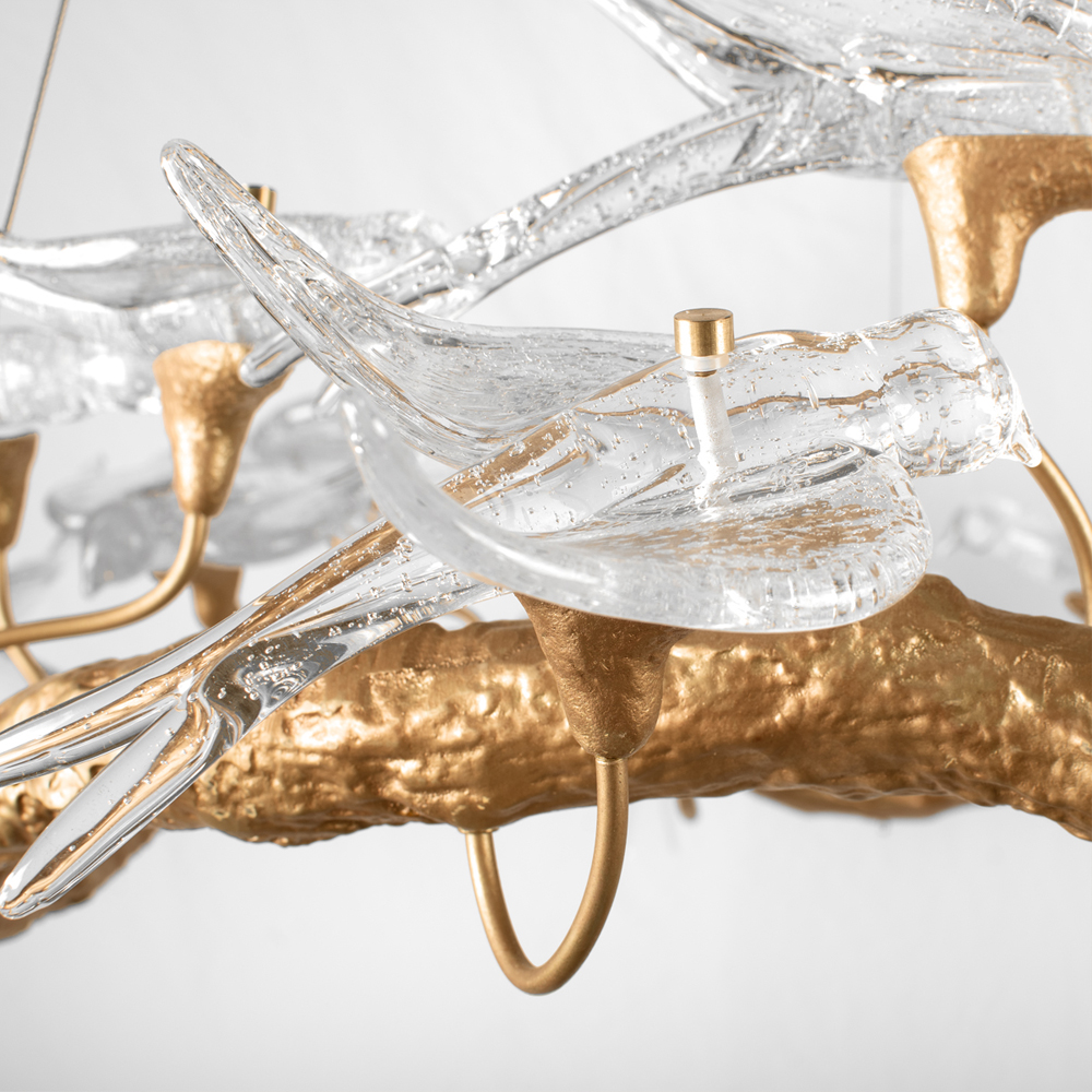 Люстра подвесная с прозрачными стеклянными птичками на ветвях Диаметр 80 см Serip Voa