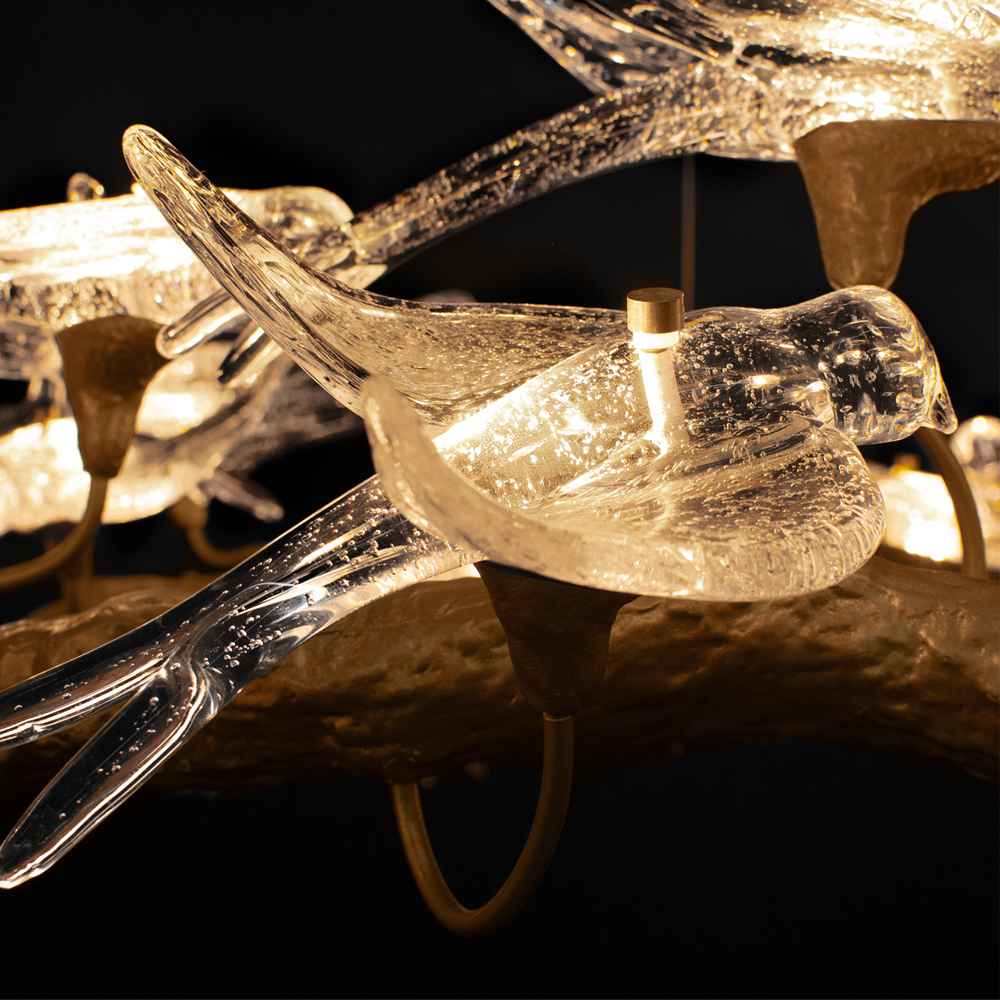 Люстра подвесная с прозрачными стеклянными птичками на ветвях Диаметр 80 см Serip Voa