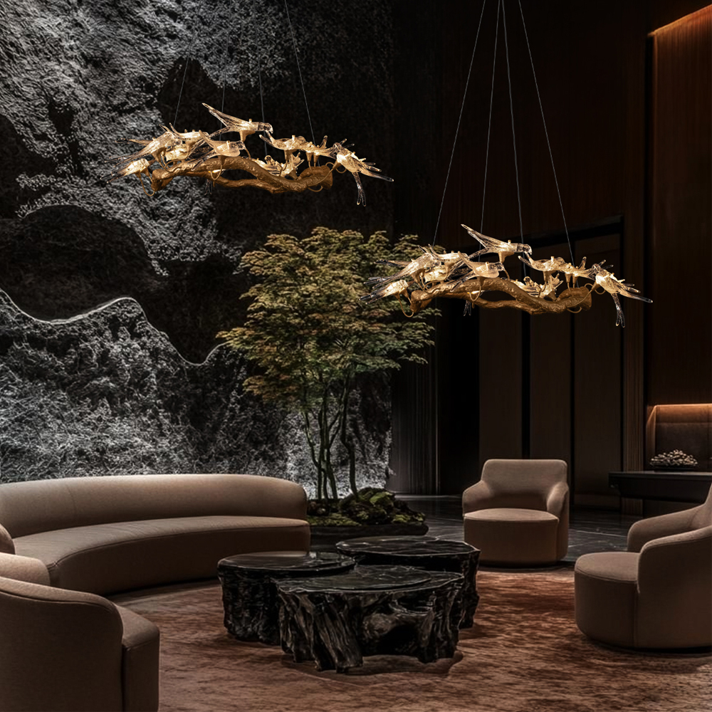 Люстра подвесная с прозрачными стеклянными птичками на ветвях Диаметр 80 см Serip Voa