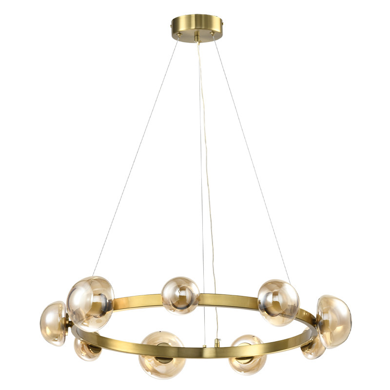 Люстра подвесная светодиодная с 9-ю круглыми плафонами коньячного цвета Iona Chandelier Brass