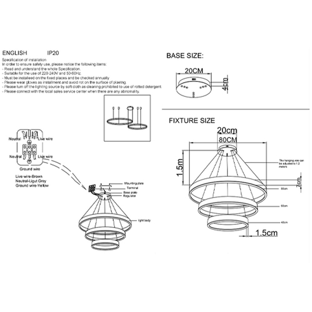 Люстра подвесная светодиодная с двумя золотистыми кольцами Диаметр 80 см Ring Horizontal