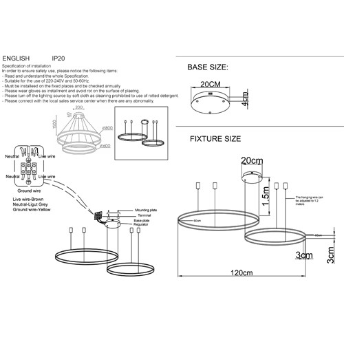 Люстра подвесная светодиодная с двумя кольцами черного цвета Диаметр 120 см Ring Horizontal