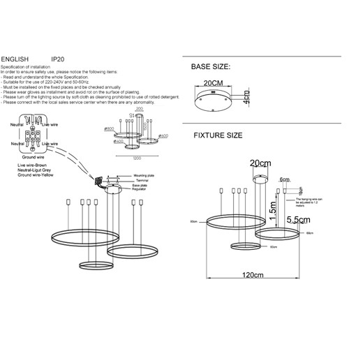 Люстра подвесная светодиодная с тремя черными кольцами и пультом управления Ring Horizontal