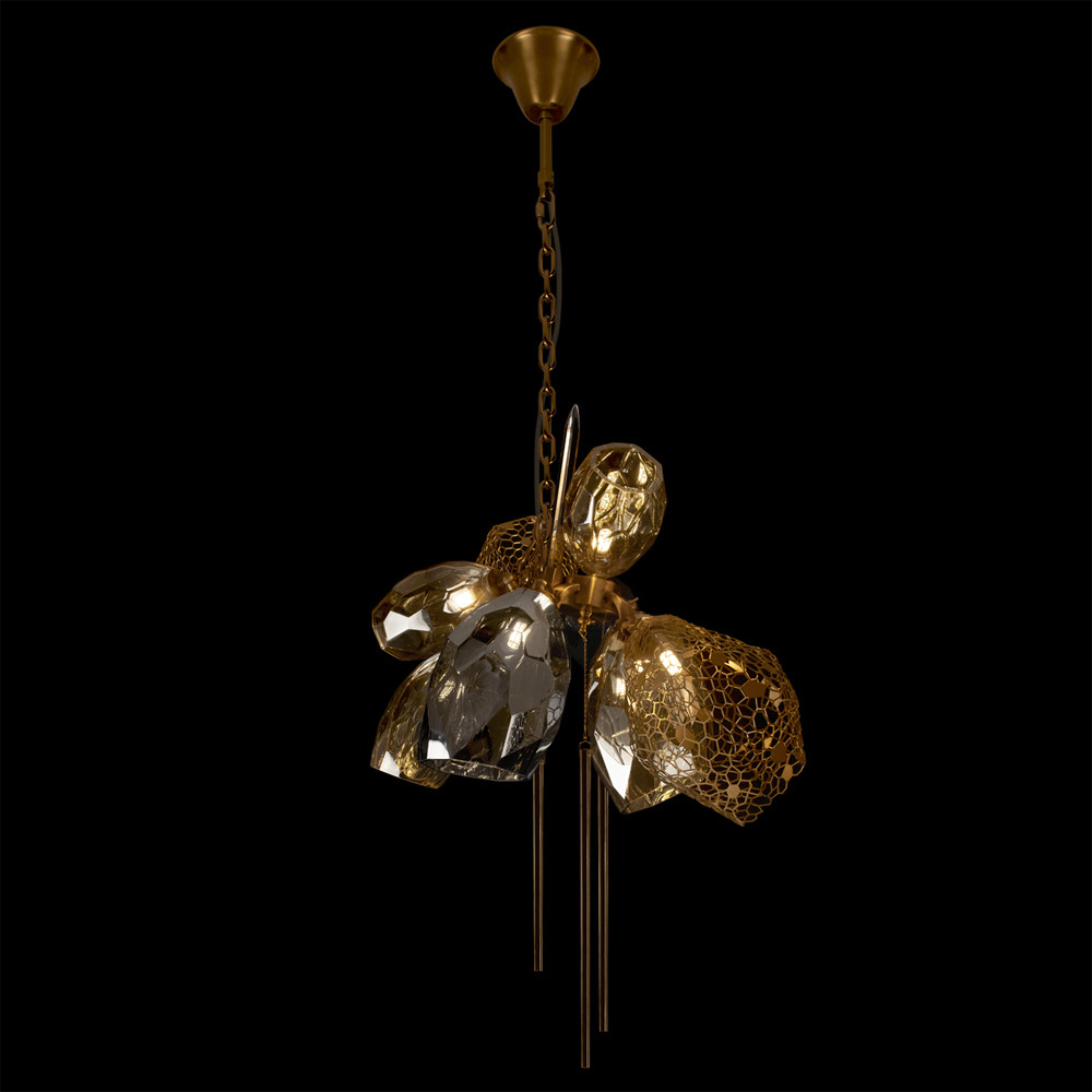 Люстра подвесная со стеклянными плафонами из дымчатого и золотистого с тремя вертикальными подвесками Gilded Mirage