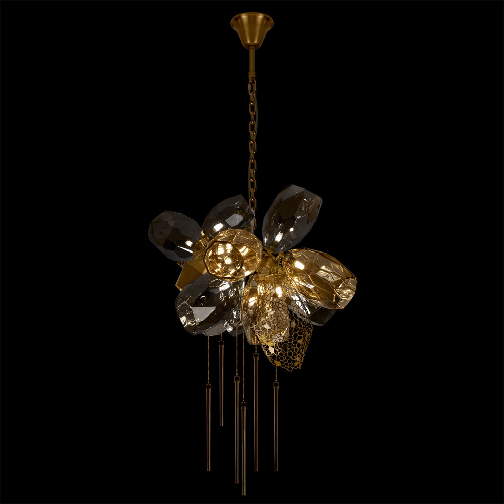 Люстра подвесная со стеклянными плафонами из дымчатого и золотистого с шестью вертикальными подвесками Gilded Mirage