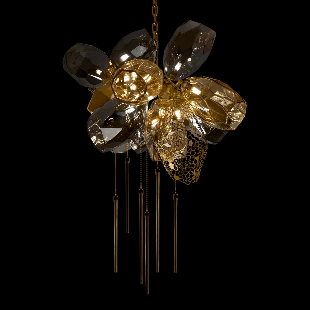 Люстра подвесная со стеклянными плафонами из дымчатого и золотистого с шестью вертикальными подвесками Gilded Mirage