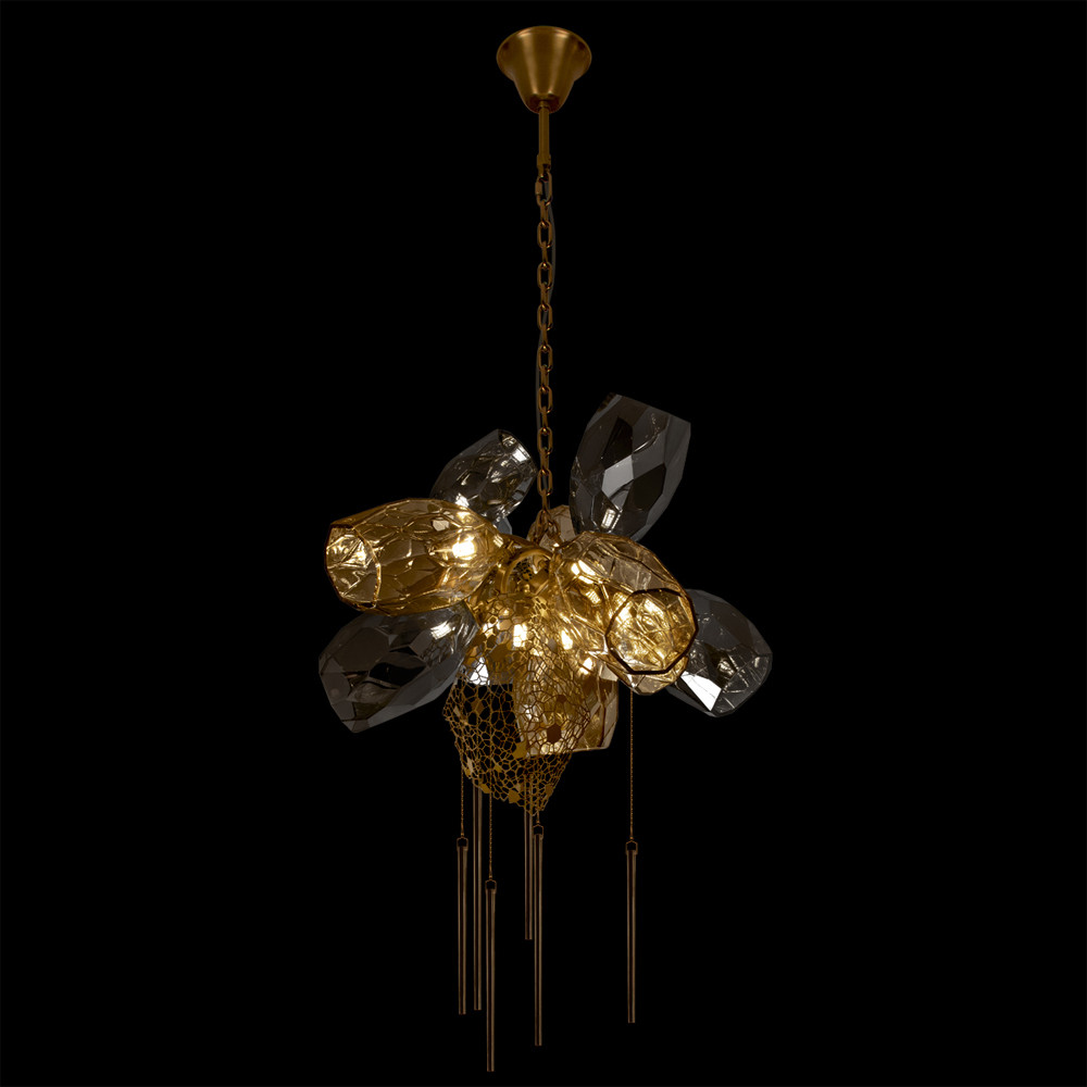 Люстра подвесная со стеклянными плафонами из дымчатого и золотистого с шестью вертикальными подвесками Gilded Mirage