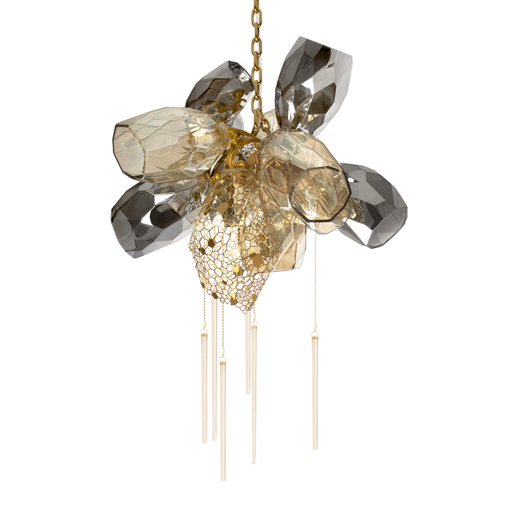Люстра подвесная со стеклянными плафонами из дымчатого и золотистого с шестью вертикальными подвесками Gilded Mirage