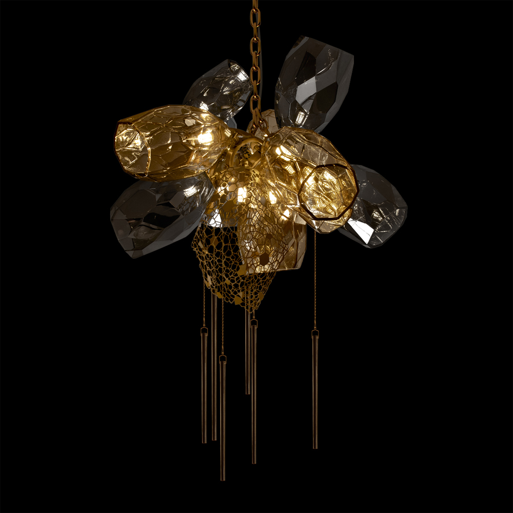 Люстра подвесная со стеклянными плафонами из дымчатого и золотистого с шестью вертикальными подвесками Gilded Mirage