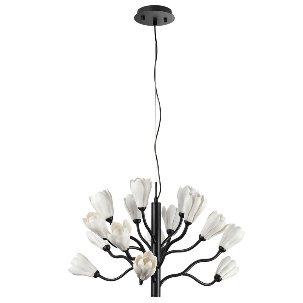 Люстра подвесная черного цвета с ветвями и белыми фарфоровыми цветами Floralis