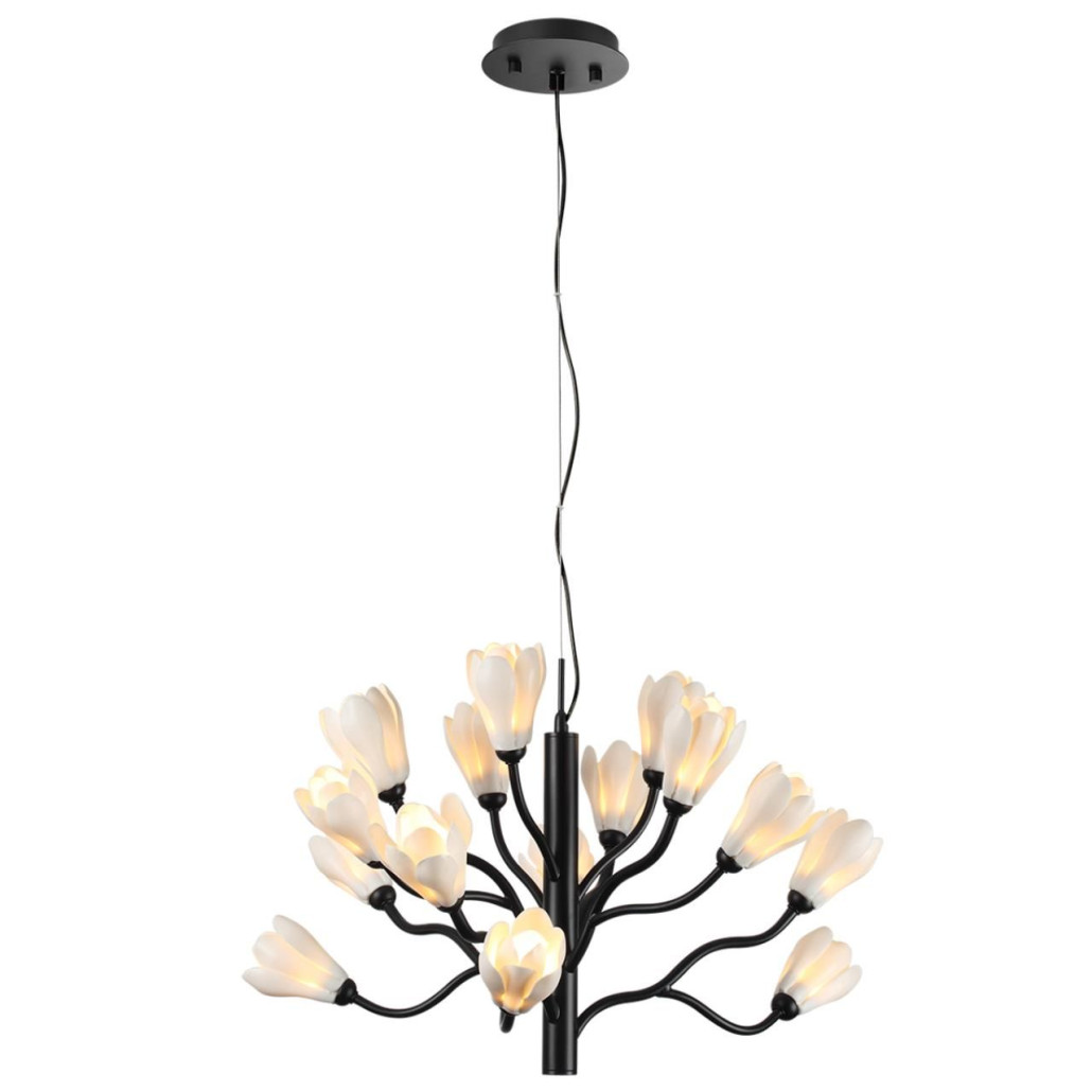 Люстра подвесная черного цвета с ветвями и белыми фарфоровыми цветами Floralis