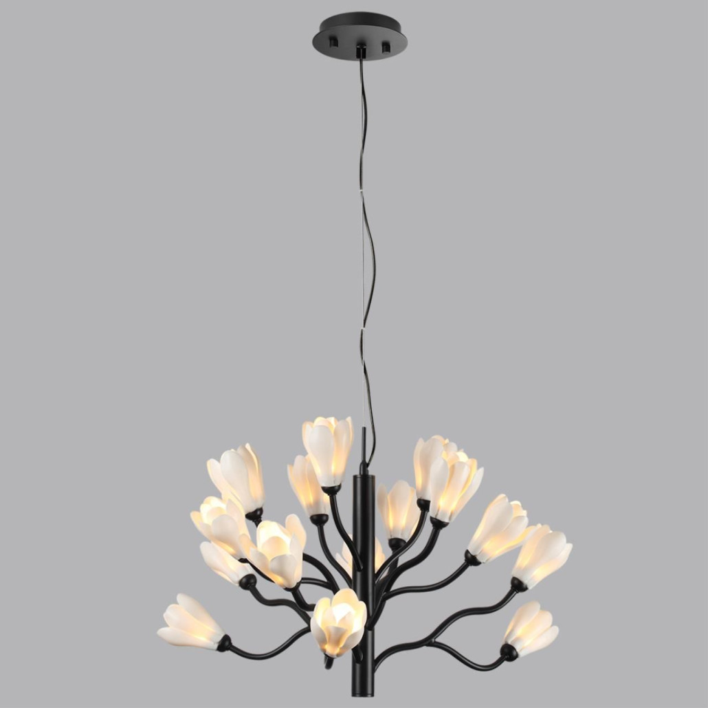 Люстра подвесная черного цвета с ветвями и белыми фарфоровыми цветами Floralis