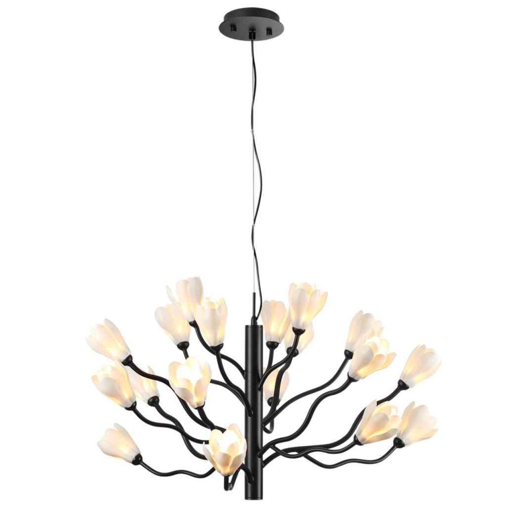 Люстра подвесная черного цвета с ветвями и белыми фарфоровыми цветами Floralis