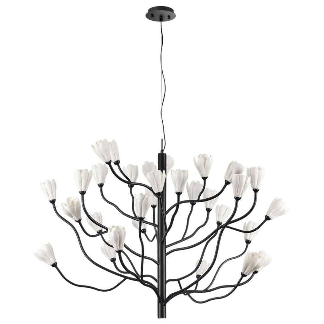 Люстра подвесная черного цвета с ветвями и белыми фарфоровыми цветами Floralis