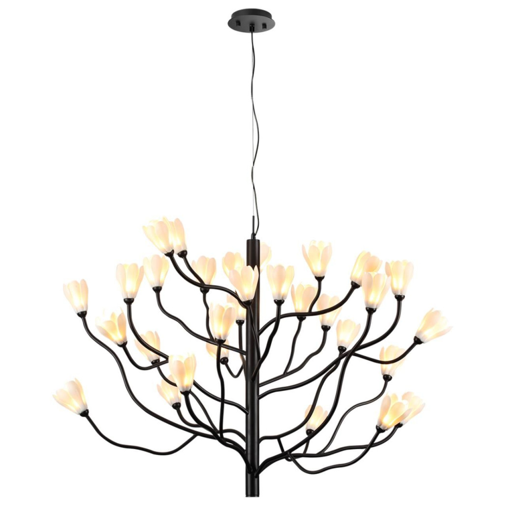 Люстра подвесная черного цвета с ветвями и белыми фарфоровыми цветами Floralis
