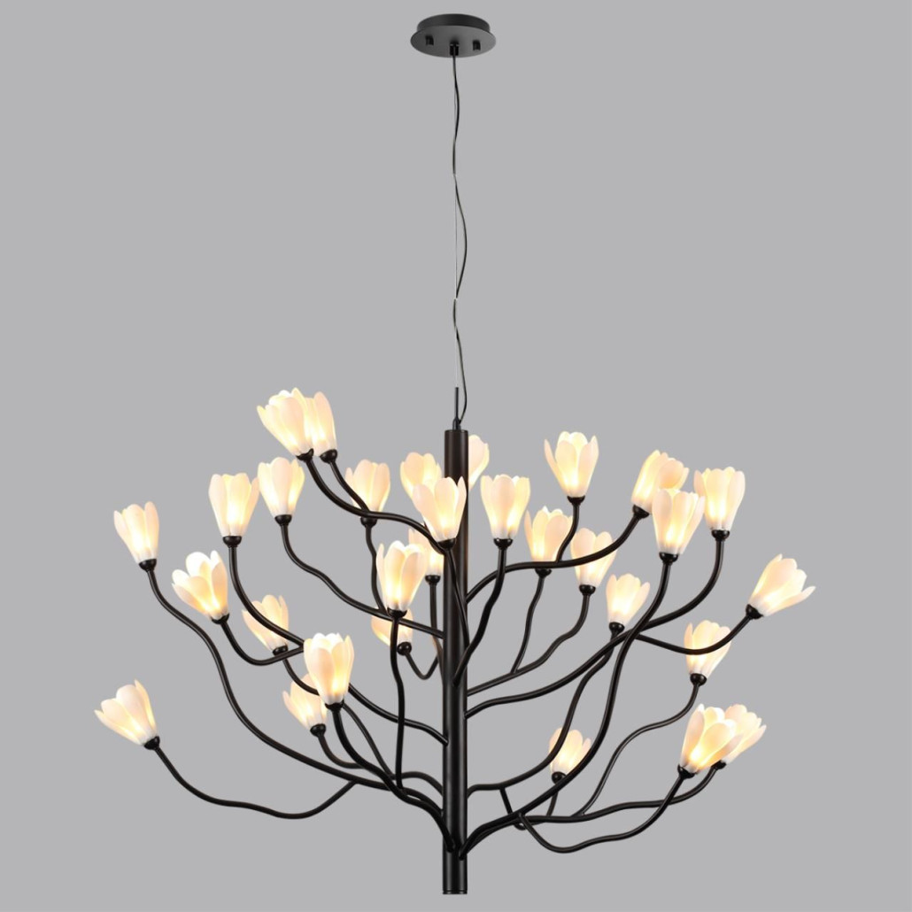 Люстра подвесная черного цвета с ветвями и белыми фарфоровыми цветами Floralis