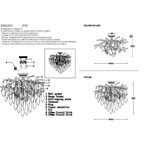 Люстра потолочная с прозрачными стеклянными подвесками в форме капель Droplet Chandelier