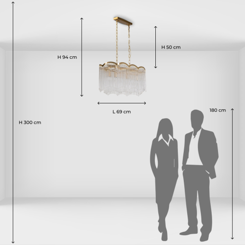 Люстра прямоугольная на цепях с прозрачными трубками и волнистым краем Nembus