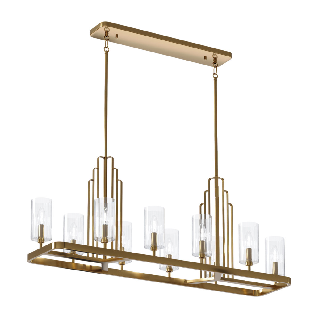 Люстра прямоугольная цвета латунь с прозрачными рифлеными цилиндрическими плафонами Kichler