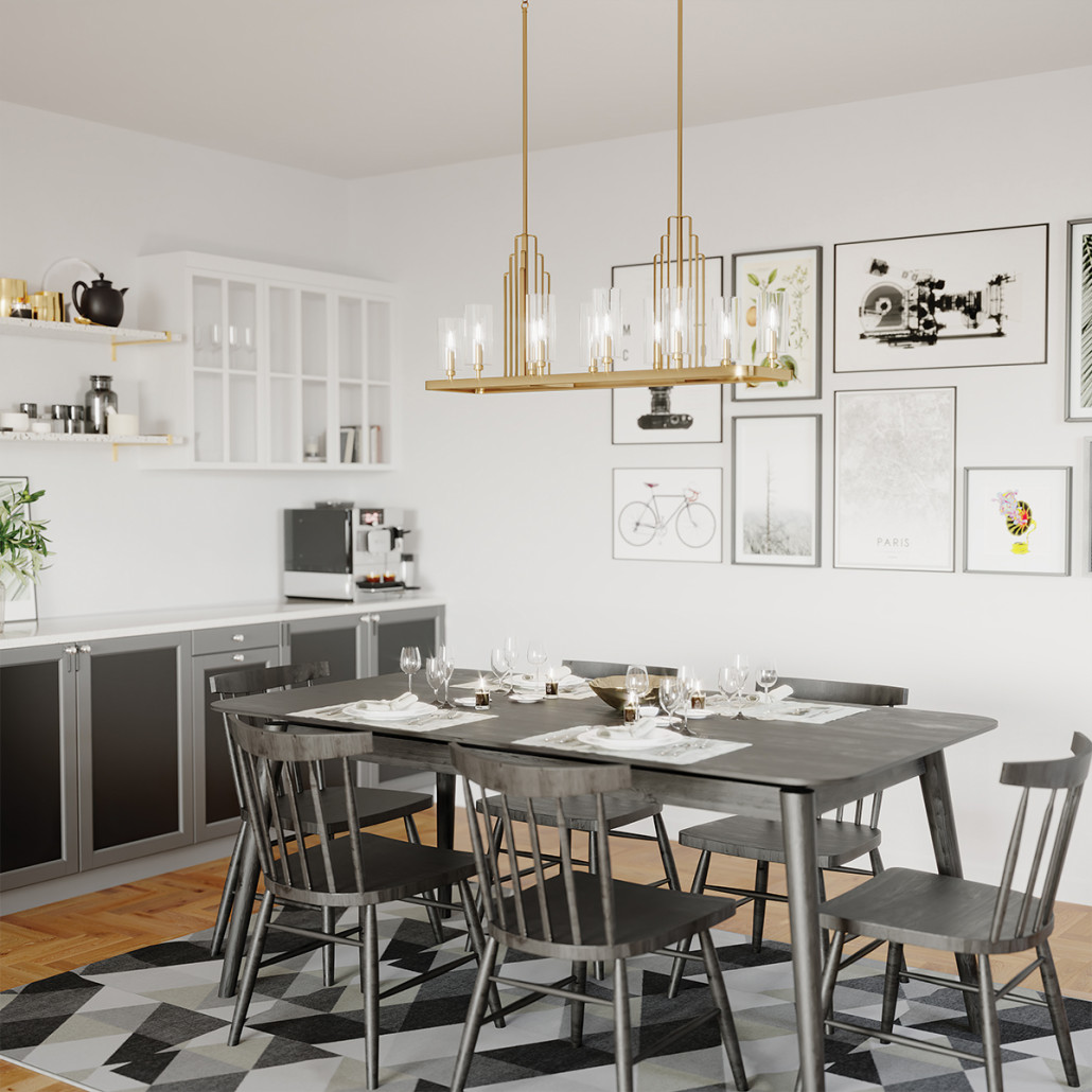 Люстра прямоугольная цвета латунь с прозрачными рифлеными цилиндрическими плафонами Kichler