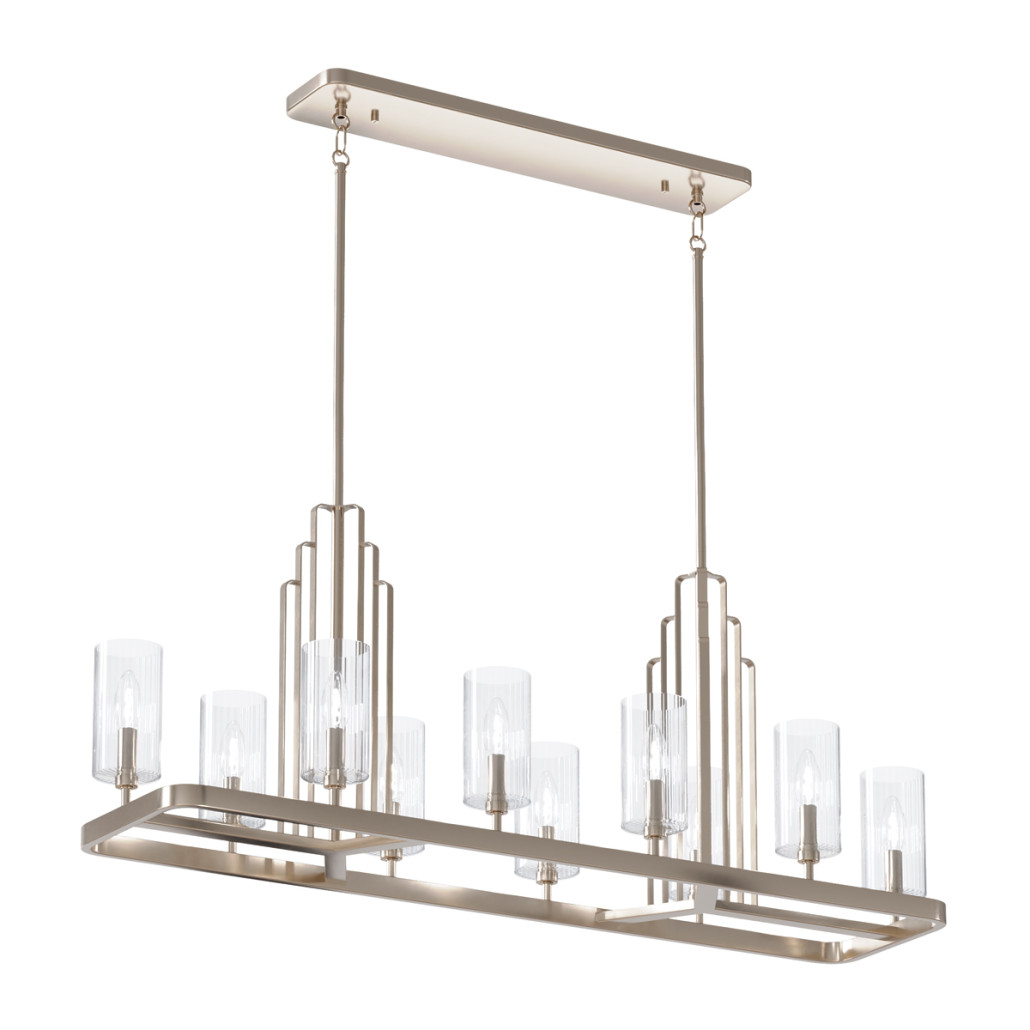 Люстра прямоугольная цвета латунь с прозрачными рифлеными цилиндрическими плафонами Kichler